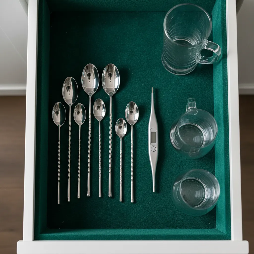 Velvet lined drawer organizing silver bar tools and a cooking thermometer