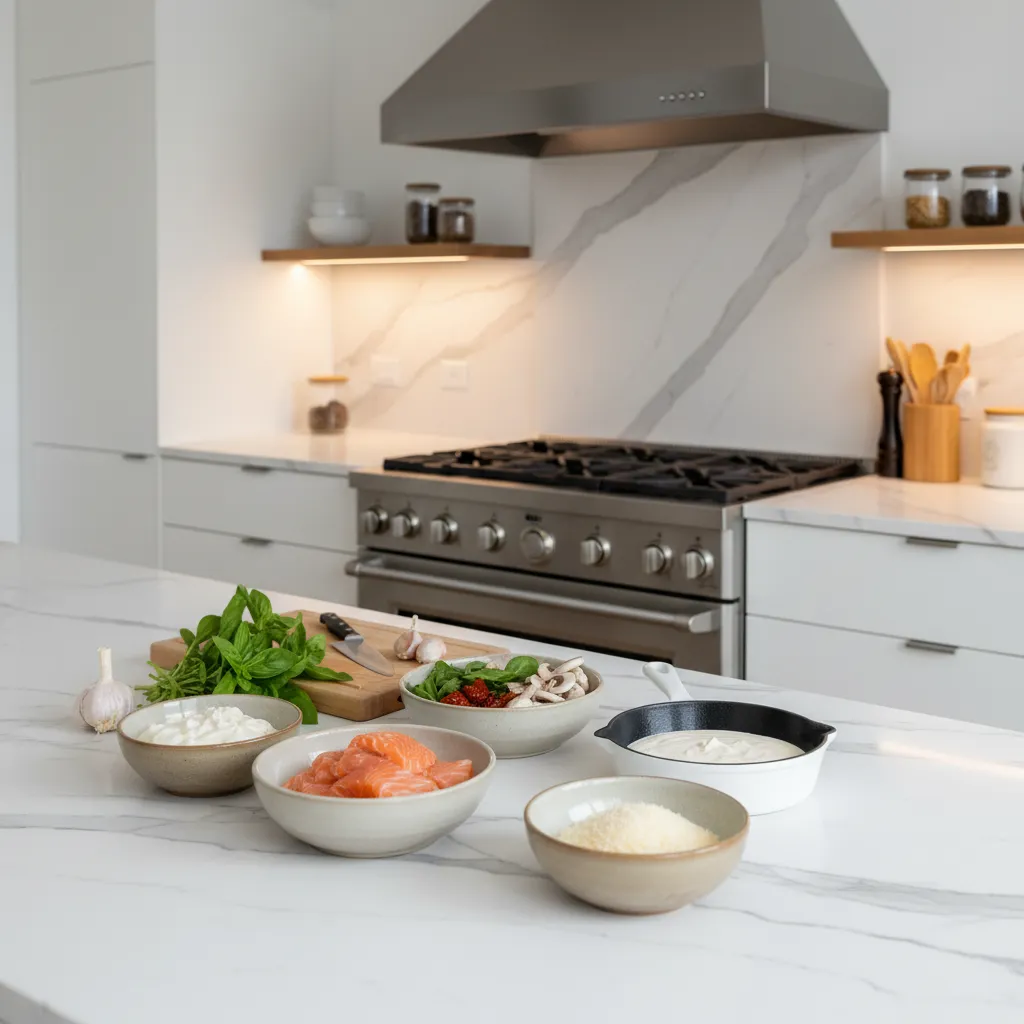 Sleek modern kitchen counter with organized fresh ingredients for salmon recipe