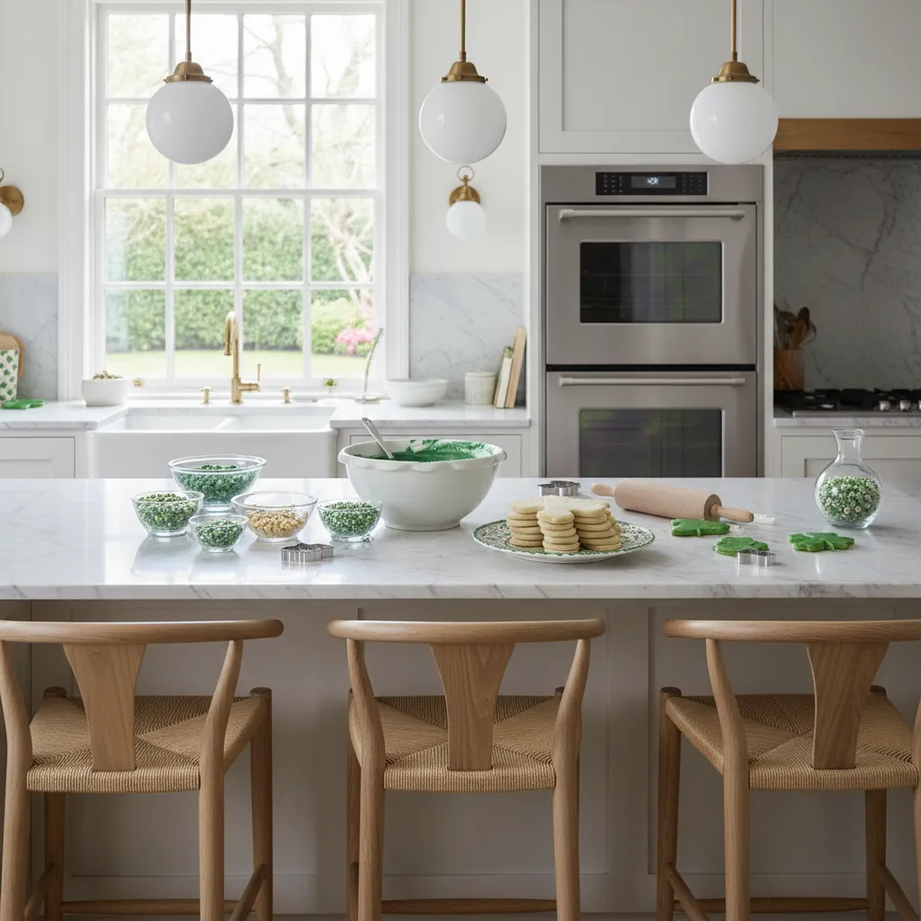 A spacious marble kitchen island set up for decorating St Patricks Day sugar cookies with green icing