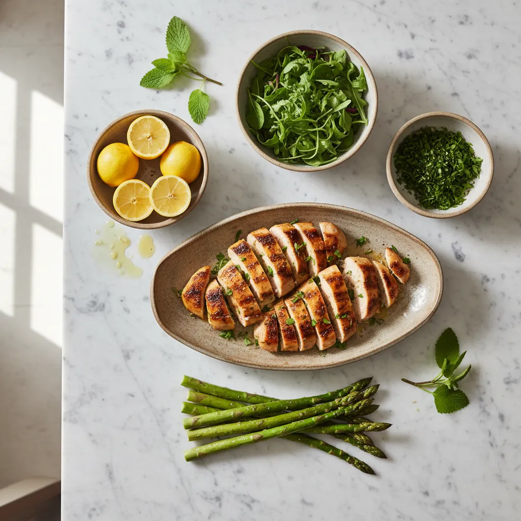 Marble kitchen island with bowls of fresh herbs and lemons for salad