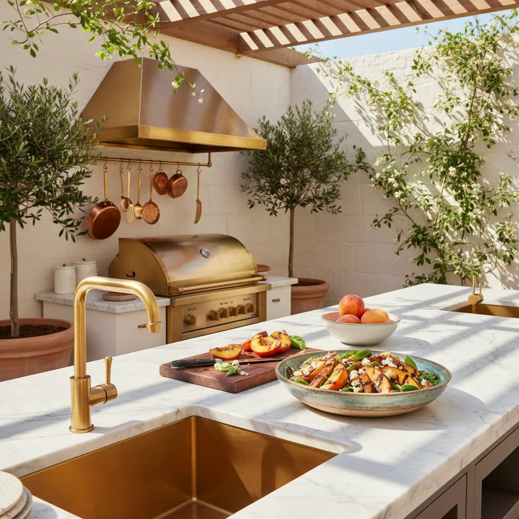 Outdoor kitchen prep area featuring white marble countertops and brass hardware