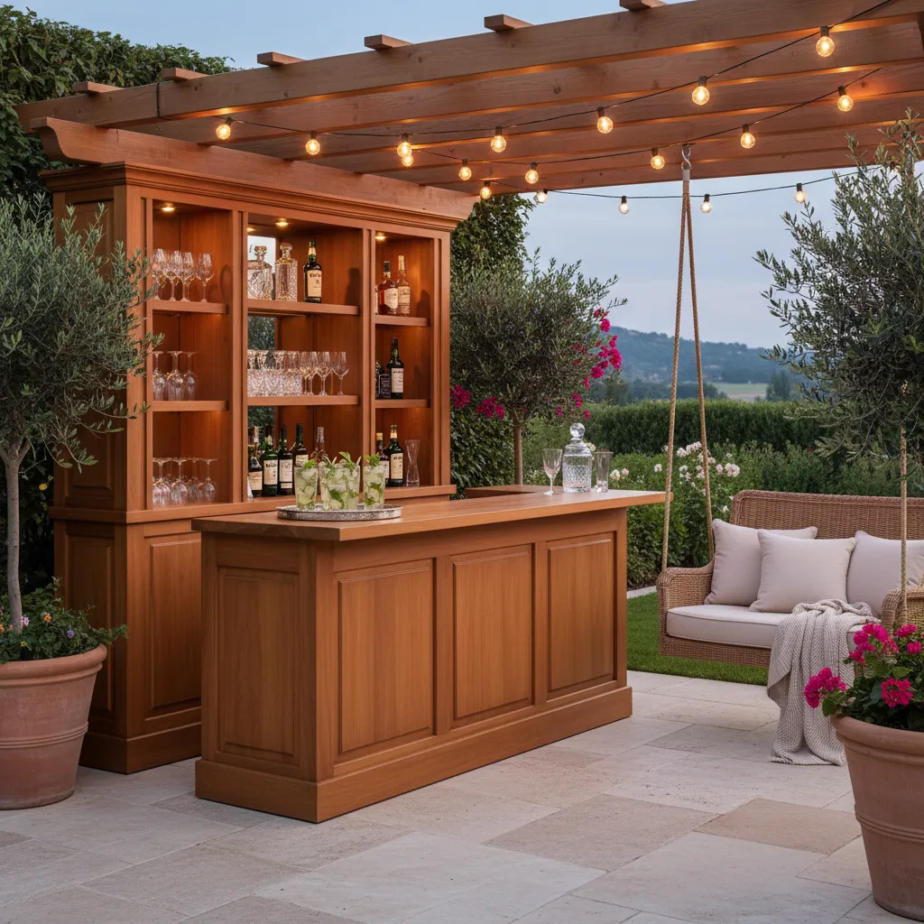 An elegant outdoor beverage station styled for summer entertaining