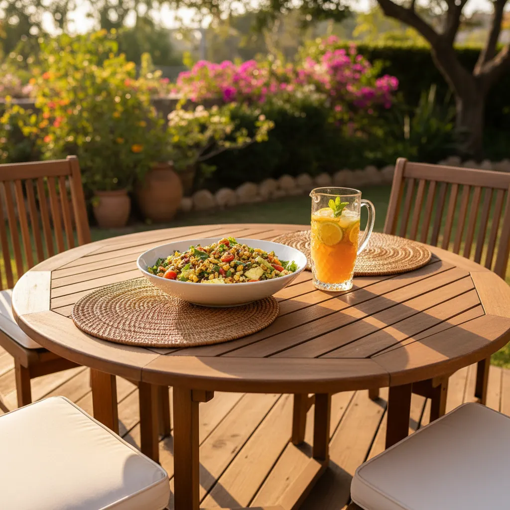 Teak wood outdoor dining table set for summer with rattan placemats and bright lighting