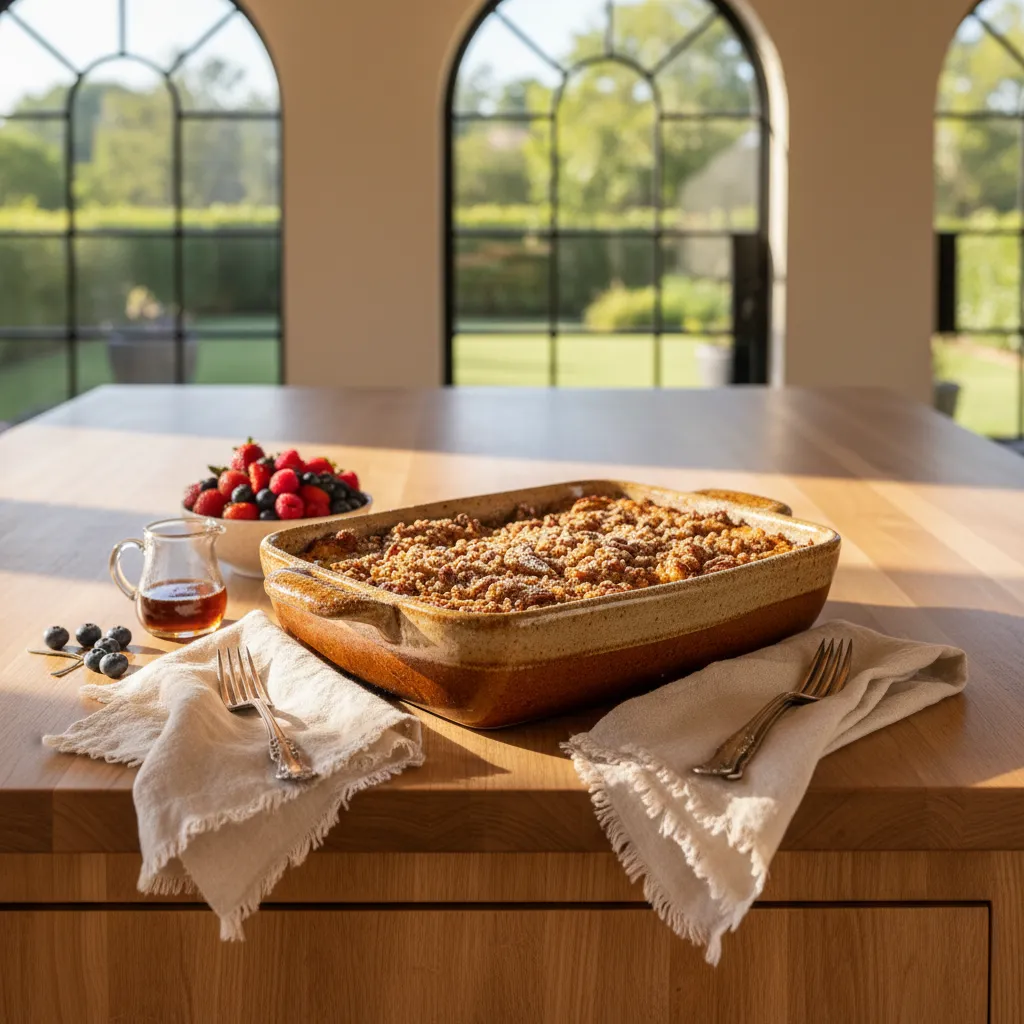 Beautifully styled overnight french toast casserole with pecan streusel in a bright kitchen