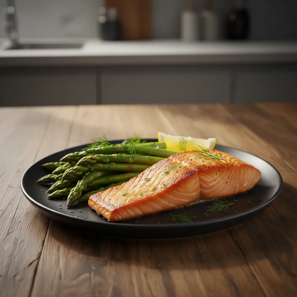 Plated pan-seared salmon with blistered asparagus on a wooden dining table