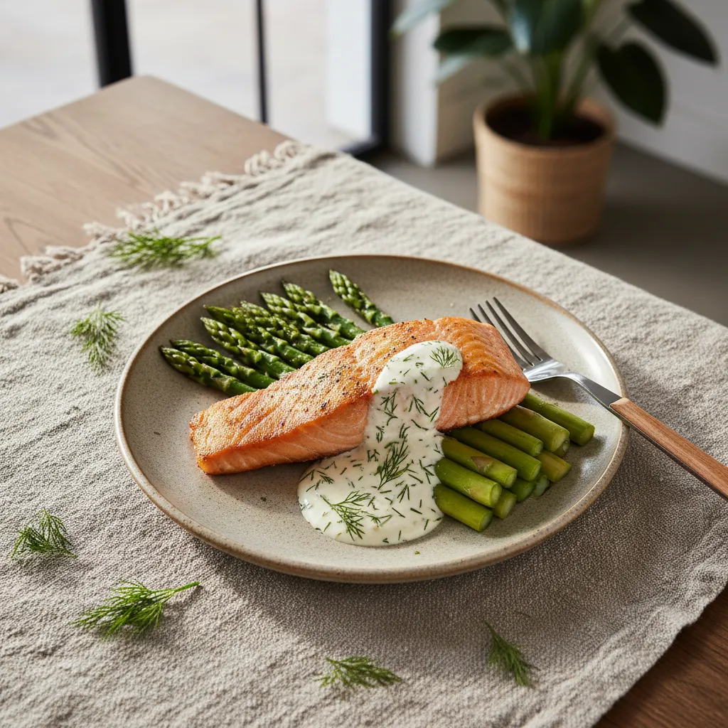 Pan seared salmon with asparagus and dill cream sauce on a textured ceramic plate