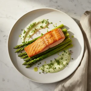 A pan-seared salmon fillet with crispy skin served over vibrant green asparagus with dill cream sauce on a designer plate.