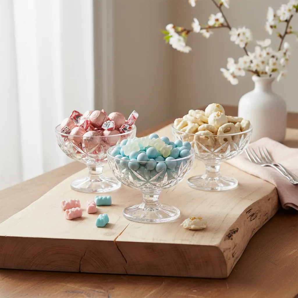 Crystal bowls filled with pastel spring candies and chocolates for board styling