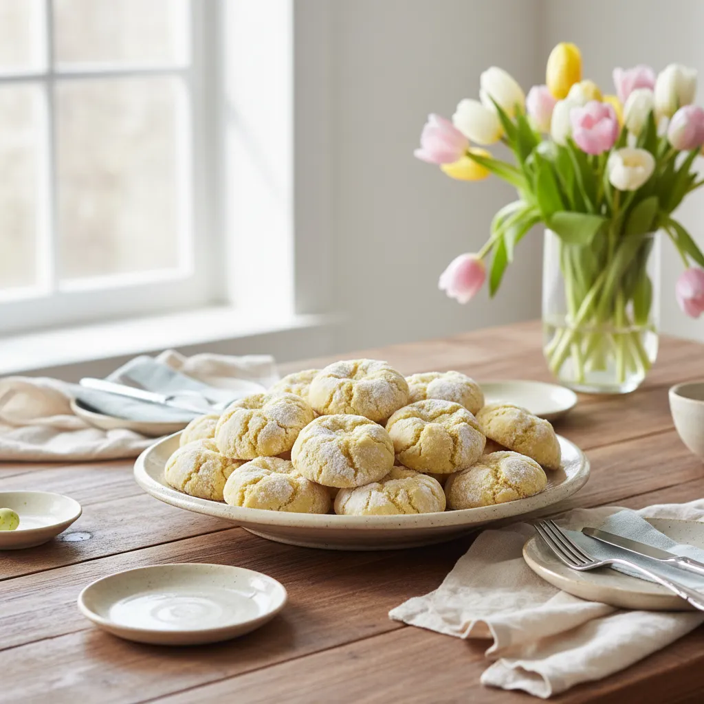 Lemon crinkle cookies with powdered sugar on a wooden easter table setting