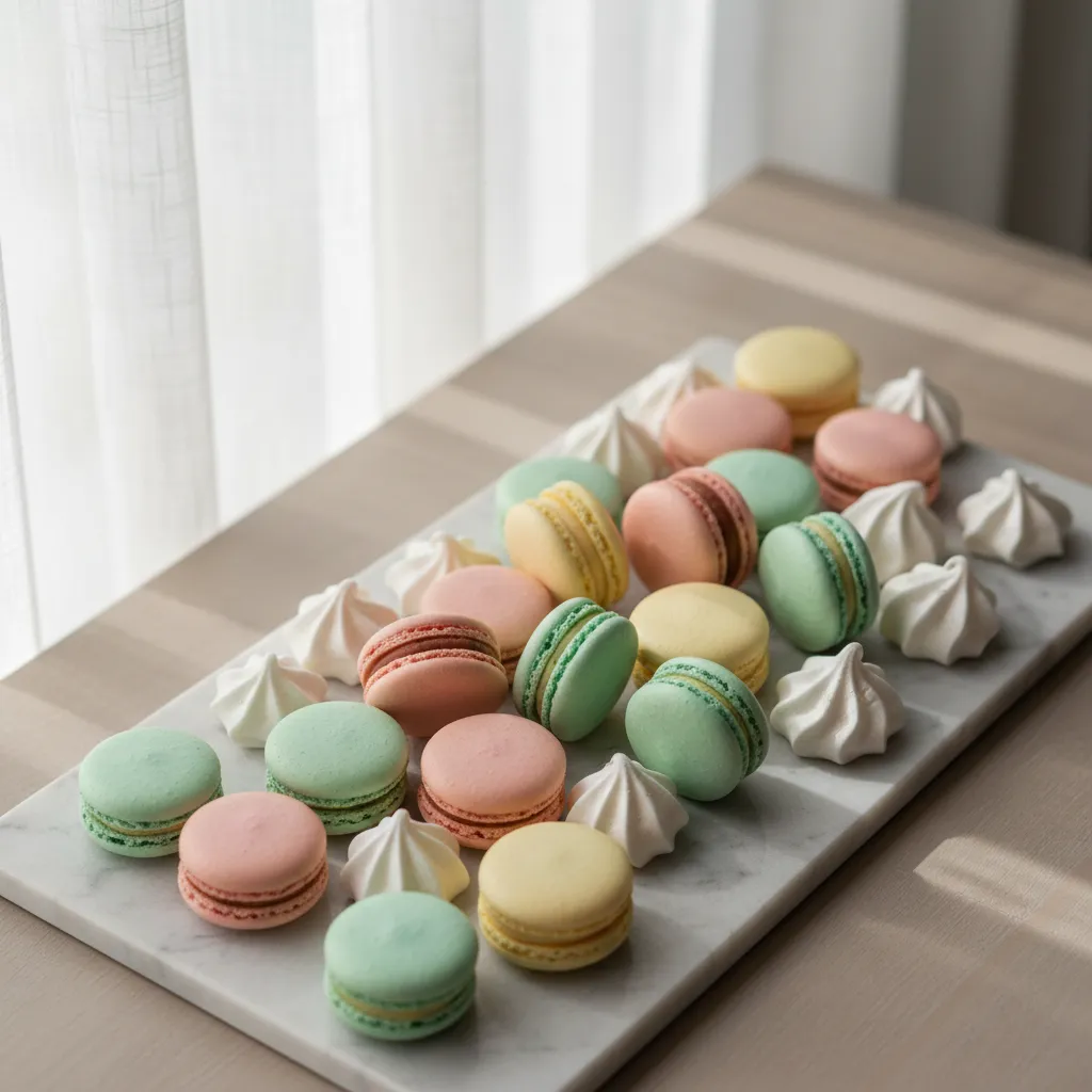 Elegant spring dessert board featuring pastel macarons and white meringue cookies on a marble platter