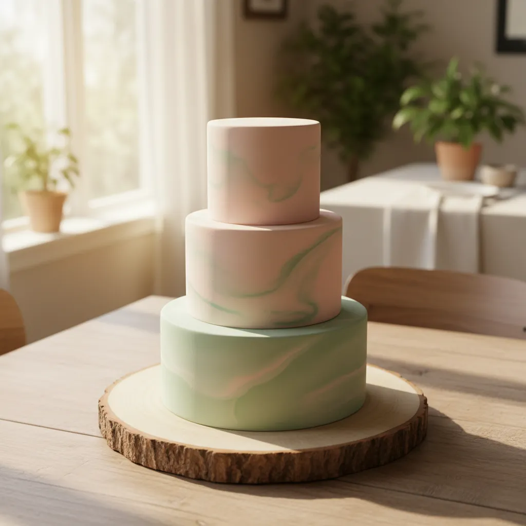 Minimalist pastel marble fondant cake on a wooden table in a sunlit room