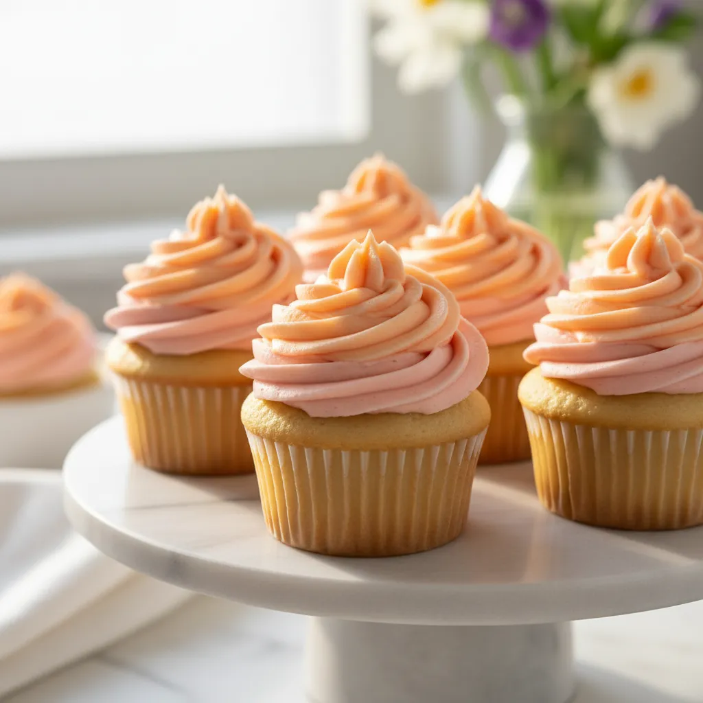 Pastel ombre cupcakes with pink and peach swirls on a marble cake stand
