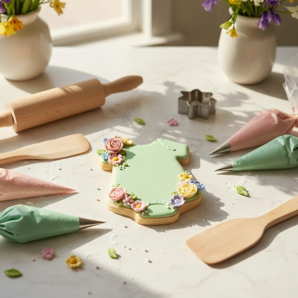 Beautifully decorated onesie shaped sugar cookies with pastel royal icing on a marble counter