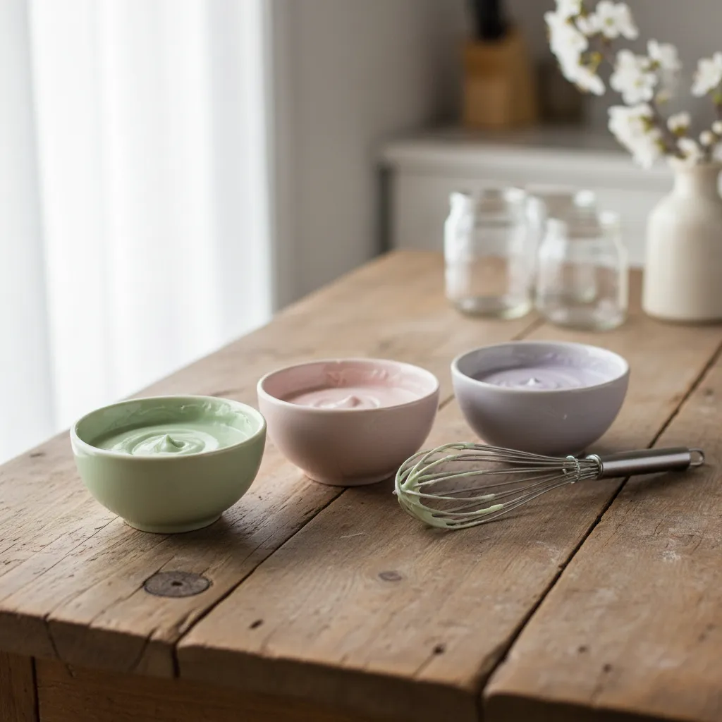 Ceramic bowls filled with pastel colored royal icing for decorating cookies