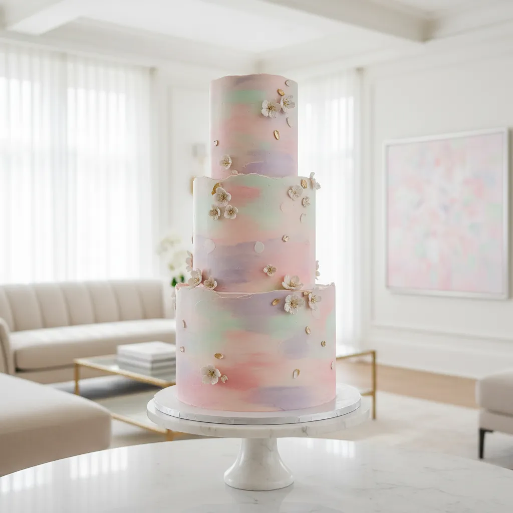 Three-tier birthday cake with pink and blue watercolor buttercream frosting on a marble stand