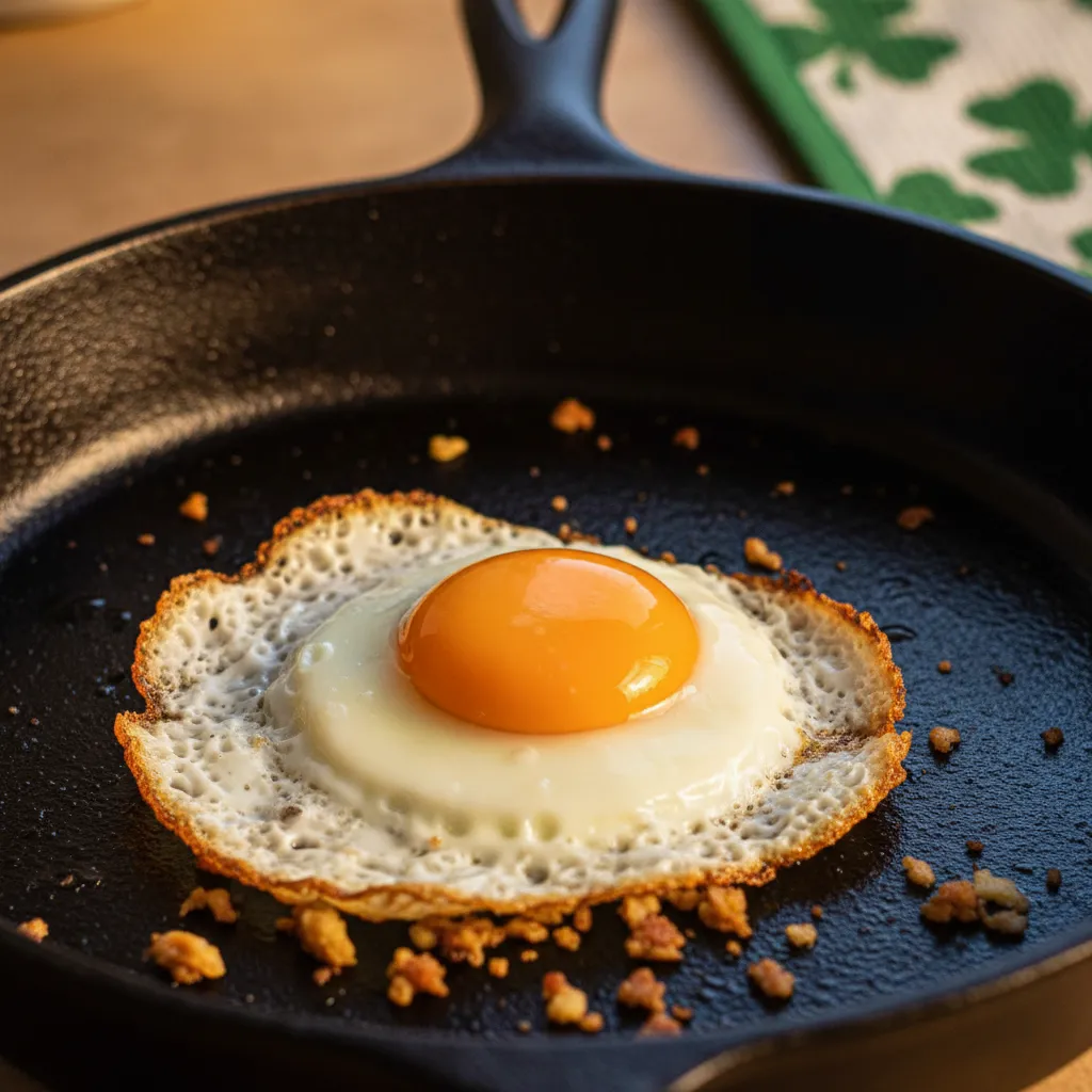 Chef frying an egg in a seasoned cast iron skillet with crispy edges