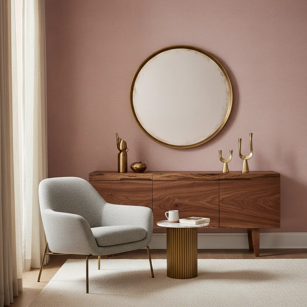 Dusty pink wallpaper backdrop behind walnut cabinet and brass lamp