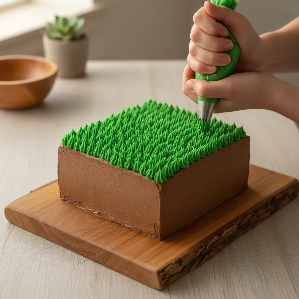Piping green buttercream grass on a square block cake