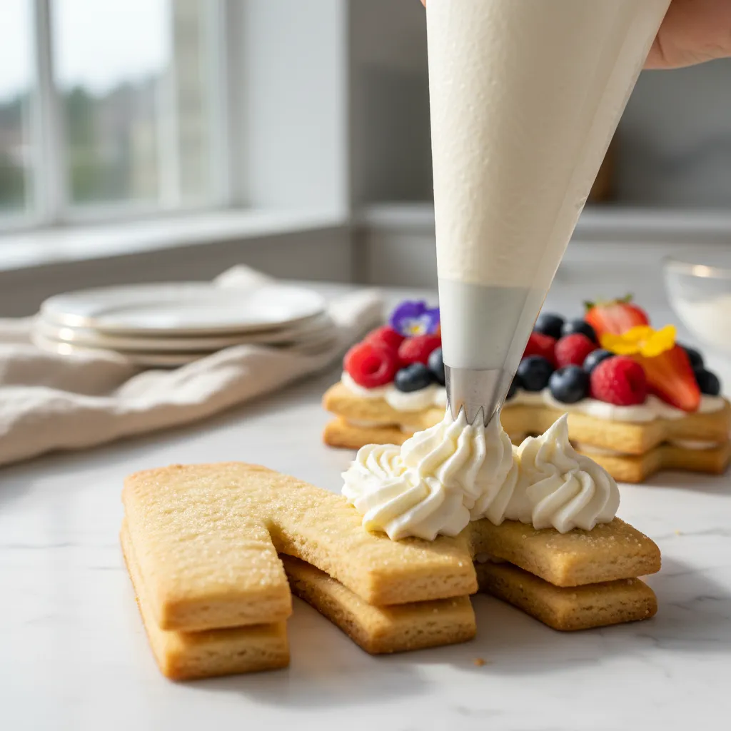 Close up of piping mascarpone cream onto golden biscuit tart layers
