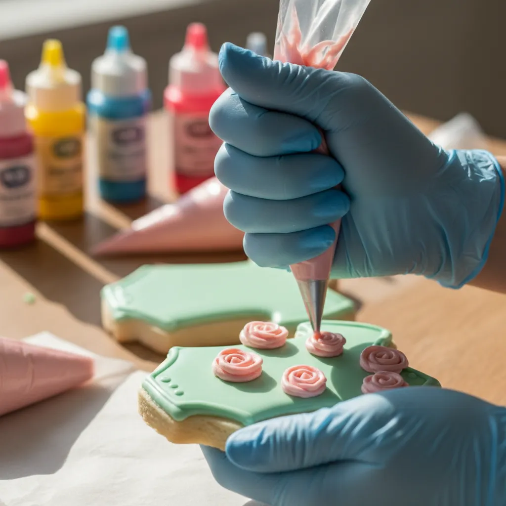 Piping delicate blush pink icing flowers onto a onesie shaped baby shower cookie