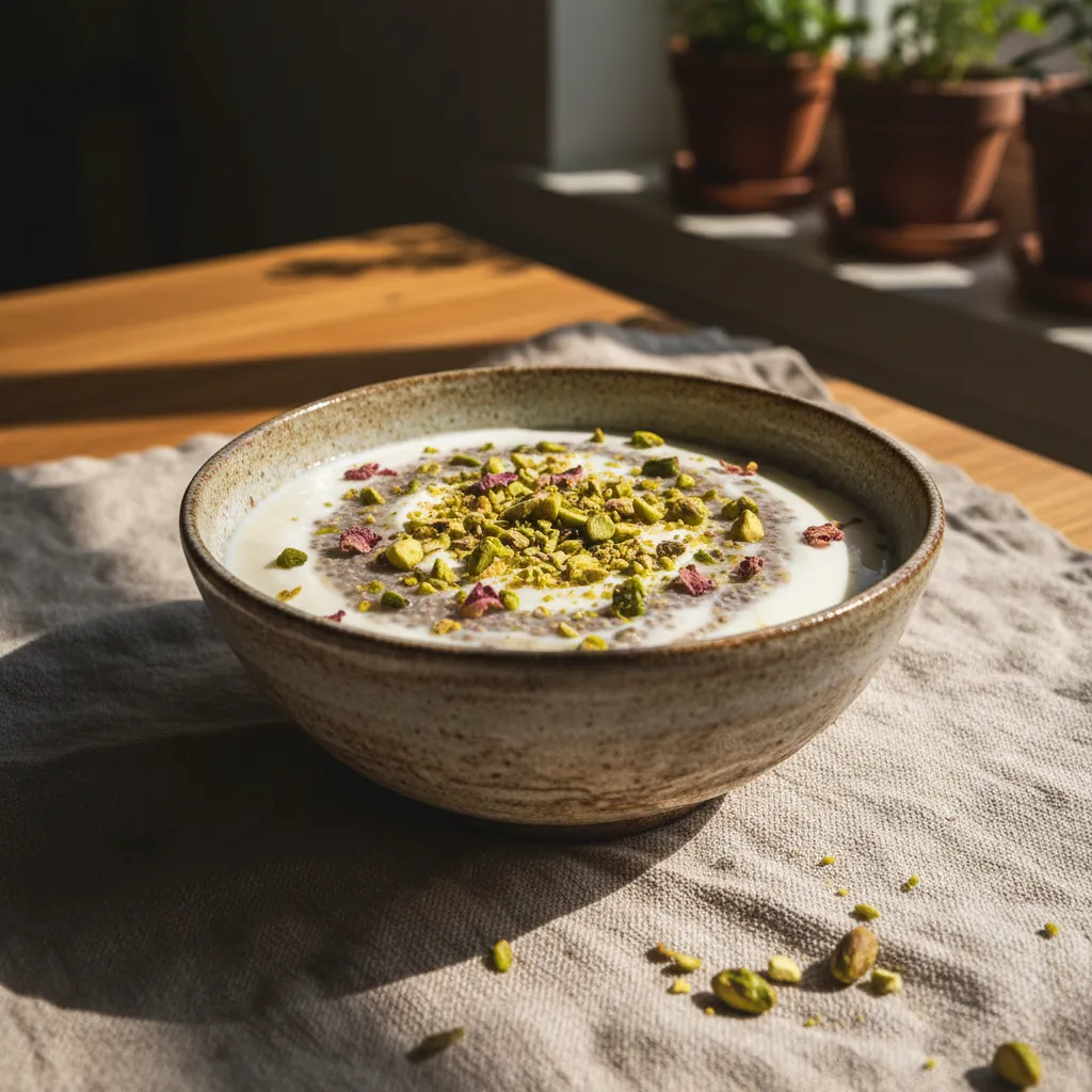 Close up view of crushed pistachios on chia pudding showing rich textures