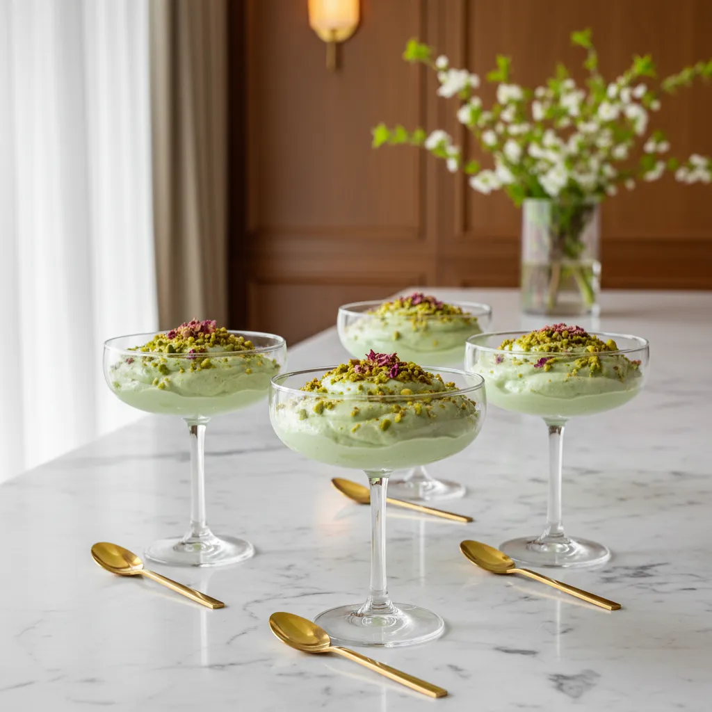 Glass dessert cups filled with green pistachio mousse and topped with rose petals on a marble table