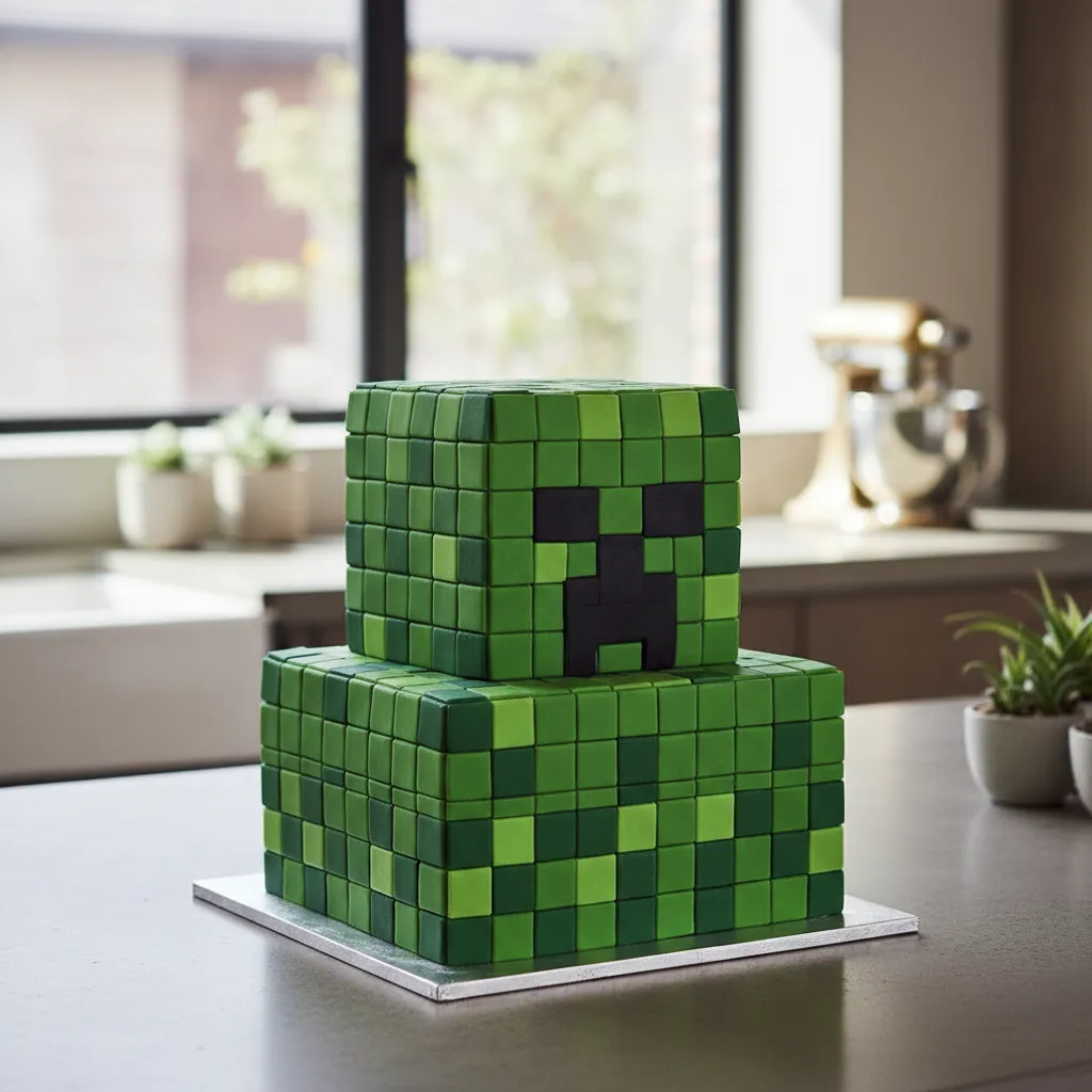 Square Minecraft Creeper face cake made with green fondant squares