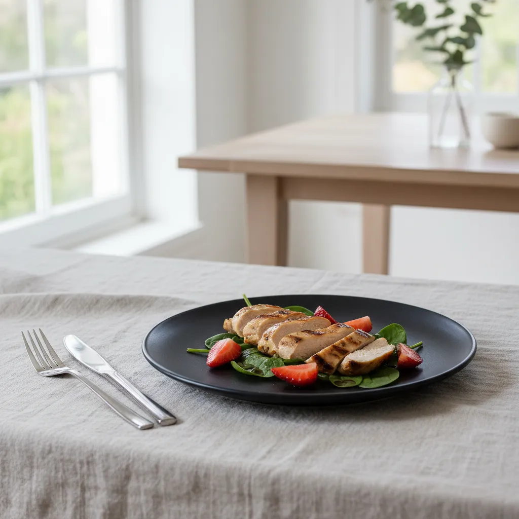 Modern matte black plate featuring sliced grilled chicken and fresh strawberries