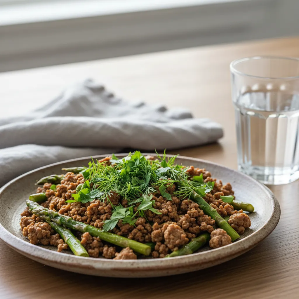 Ceramic plate featuring ground beef and asparagus garnished with fresh dill and parsley