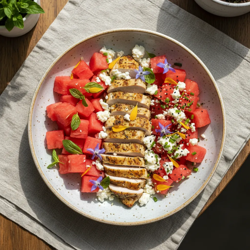 Top down view of perfectly zoned summer chicken and watermelon salad in a ceramic bowl