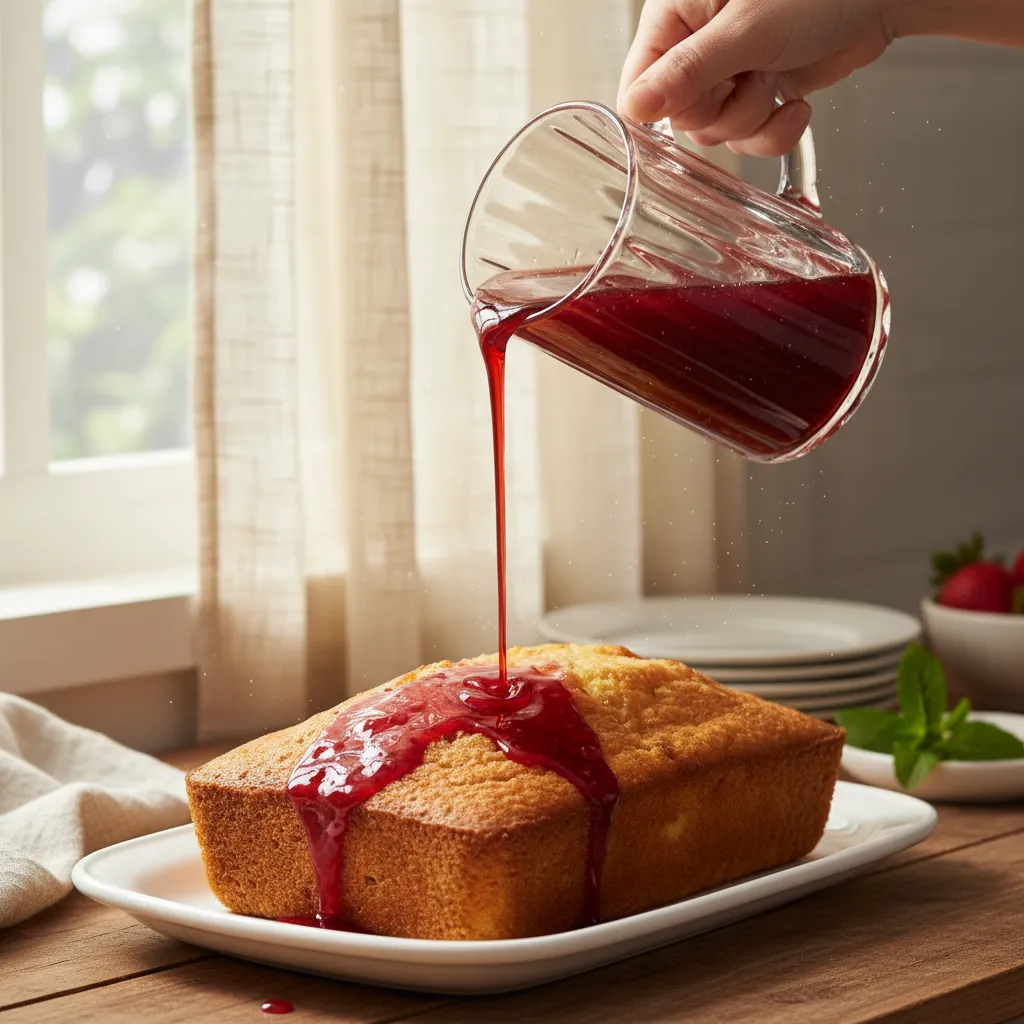 Thick strawberry glaze being poured over a freshly baked pound cake