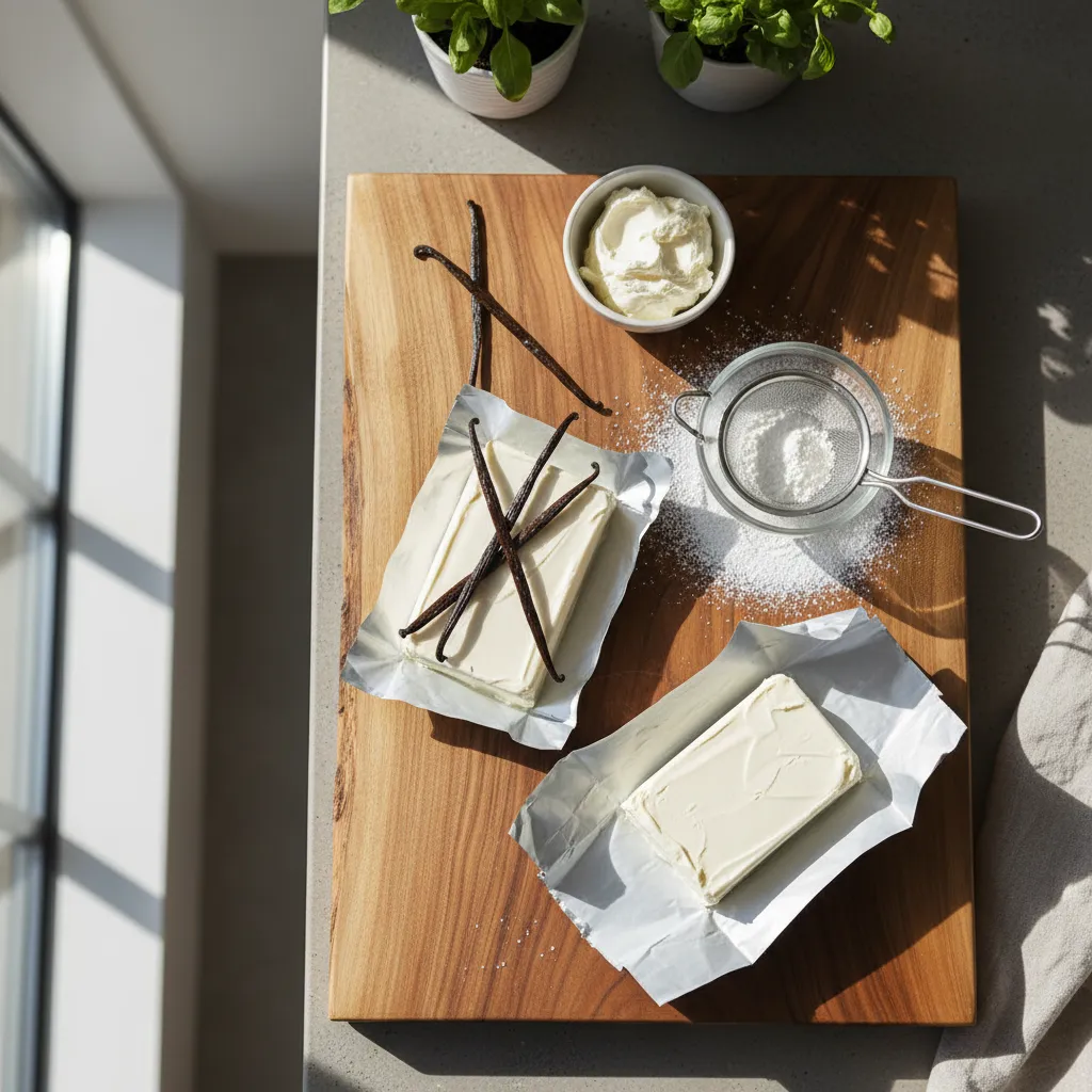 Fresh vanilla pods and cream cheese on a raw wood board