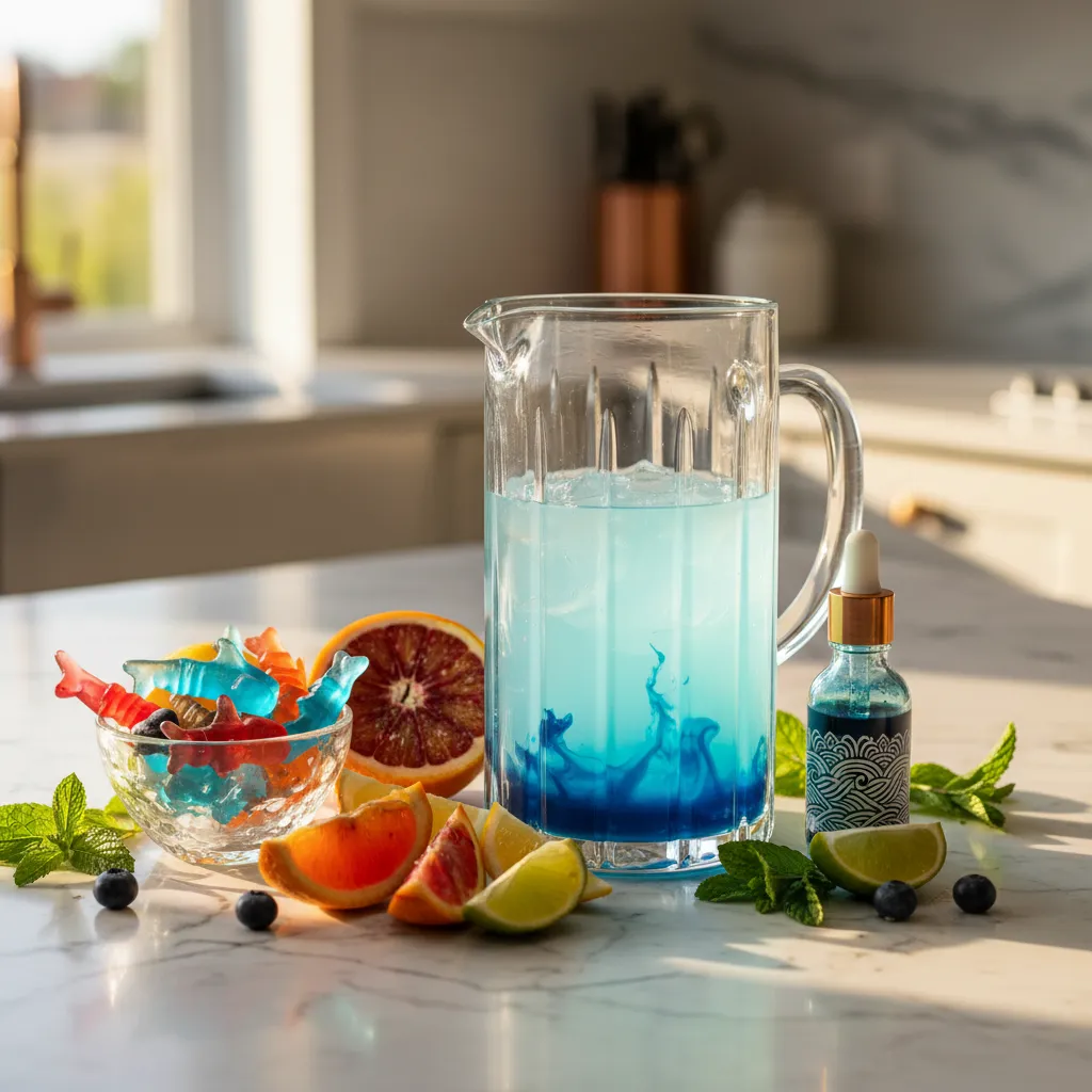 Mocktail ingredients arranged elegantly on a marble kitchen counter