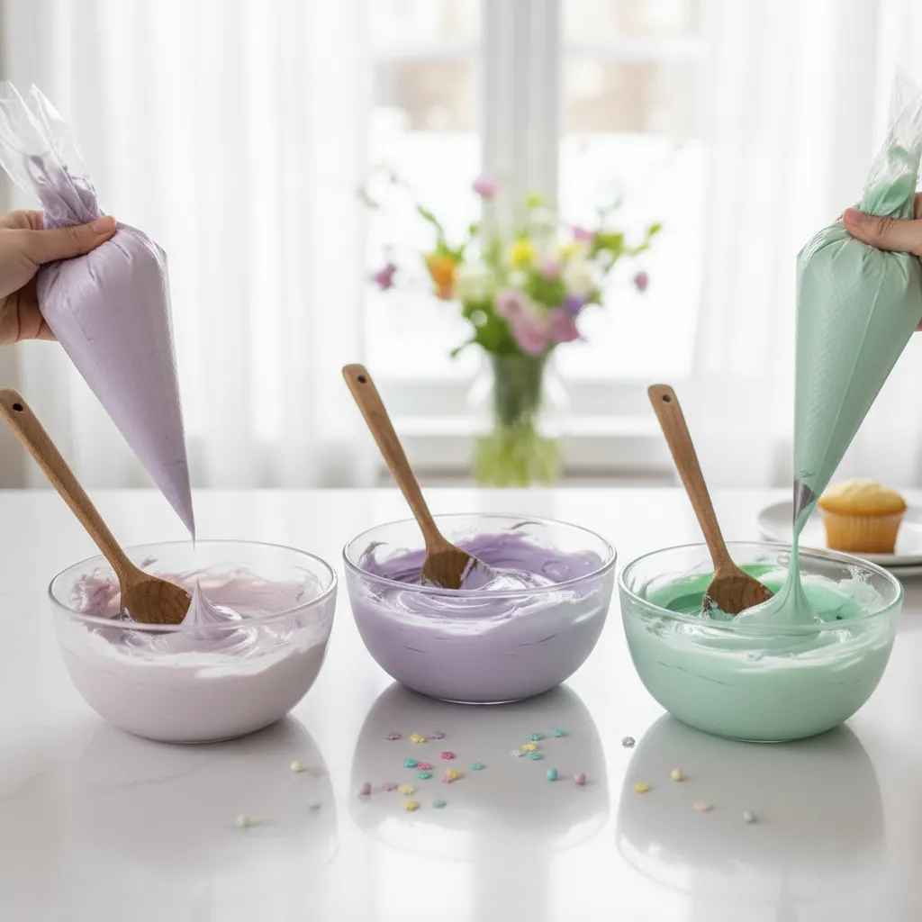 Bowls of lavender and mint buttercream frosting for ombre piping