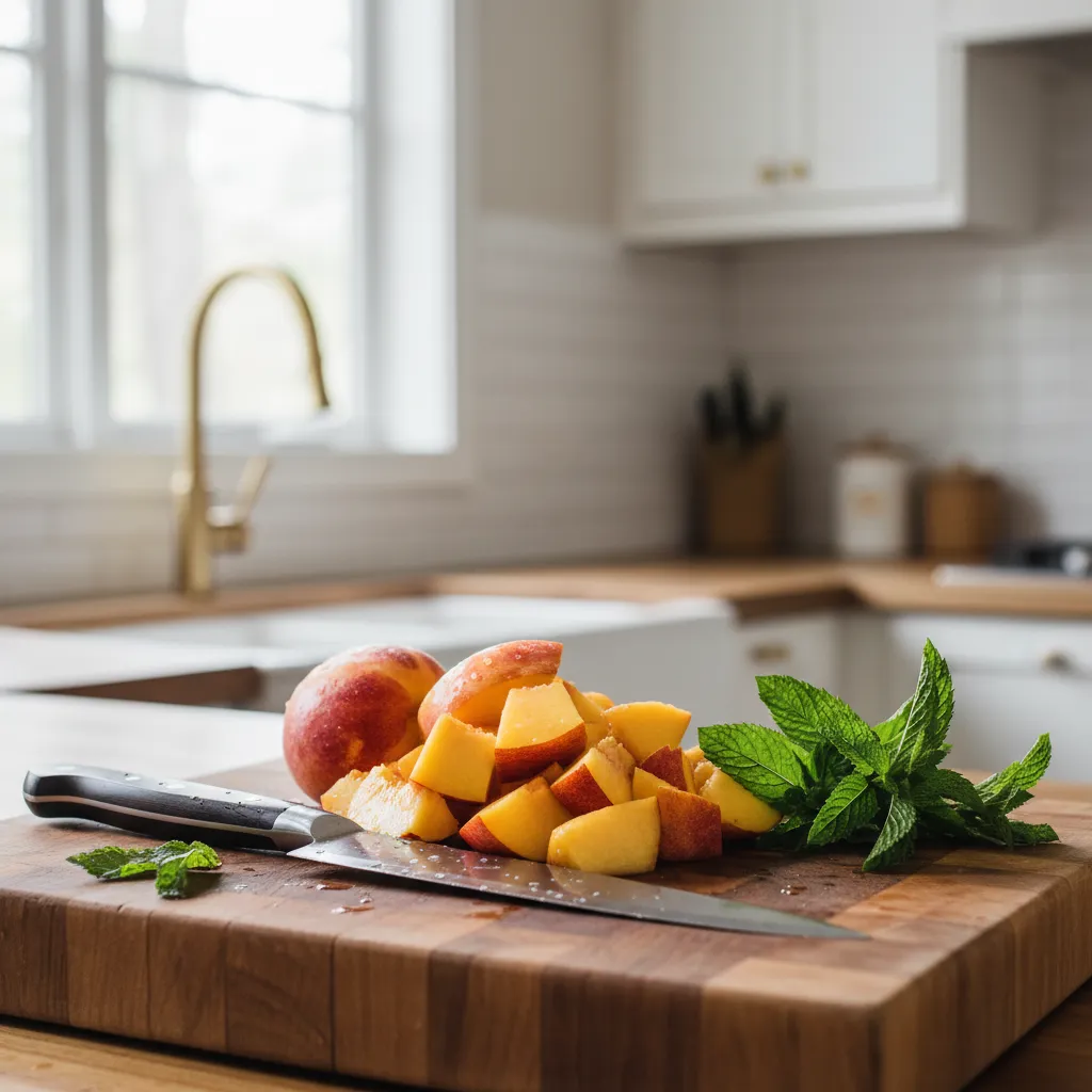 Diced fresh peaches on a rustic wooden cutting board in a sunny kitchen