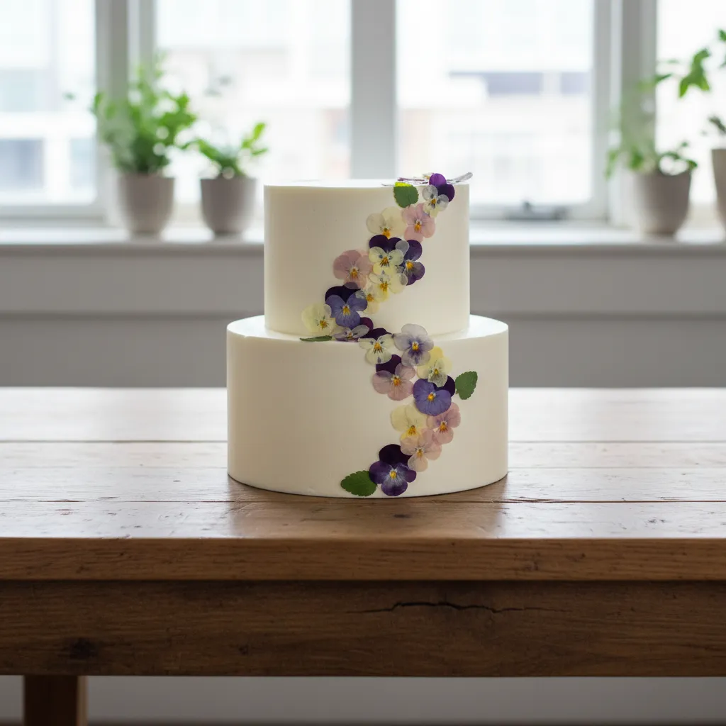 Minimalist white cake decorated with pressed edible purple and yellow flowers on a wooden table