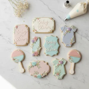 Elegant Baby in Bloom cookies with botanical royal icing designs and projector-perfect plaque shapes for a baby shower.