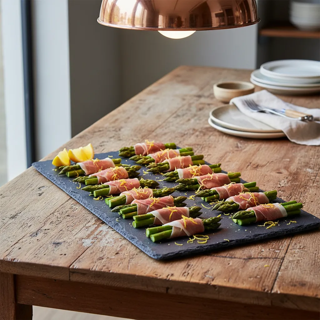 Prosciutto wrapped asparagus spears on a slate tray under warm lighting