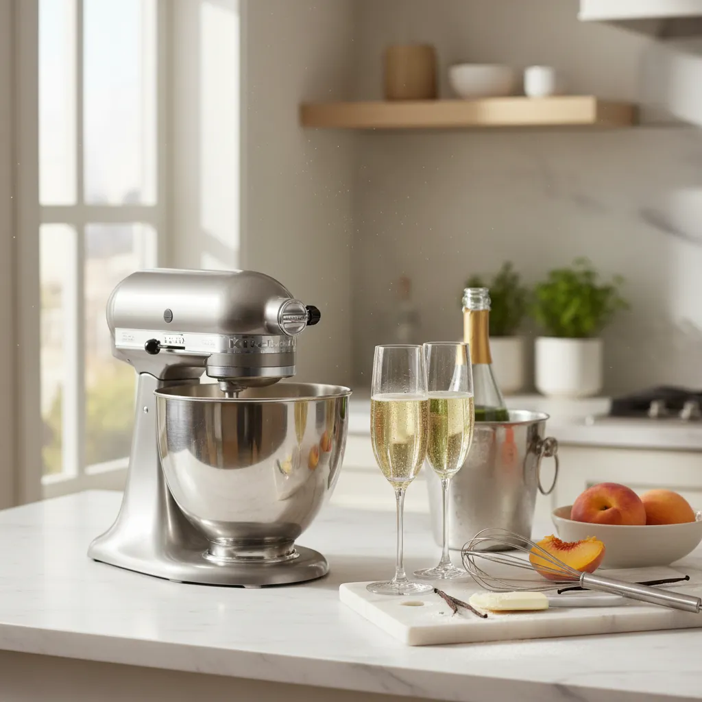 Bright kitchen counter with stand mixer and Prosecco for cupcake recipe