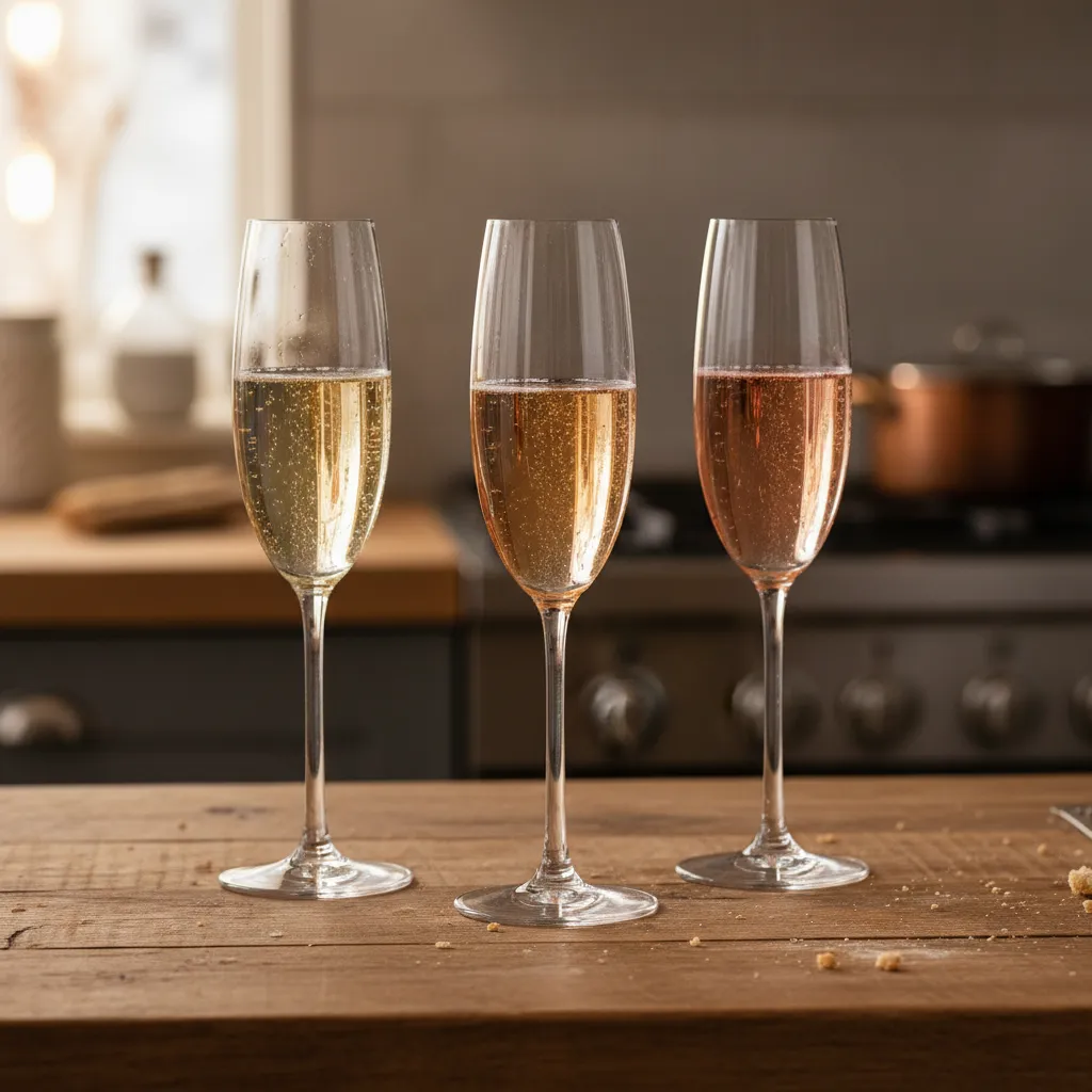 Crystal glasses of Prosecco on a wooden kitchen counter