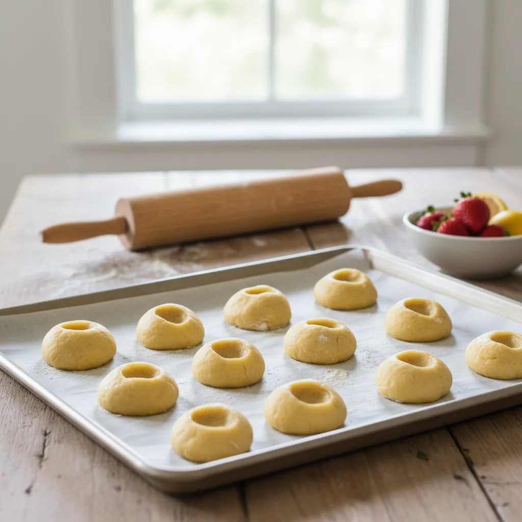 Prepared cookie dough with thumbprint indentations ready for strawberry jam filling