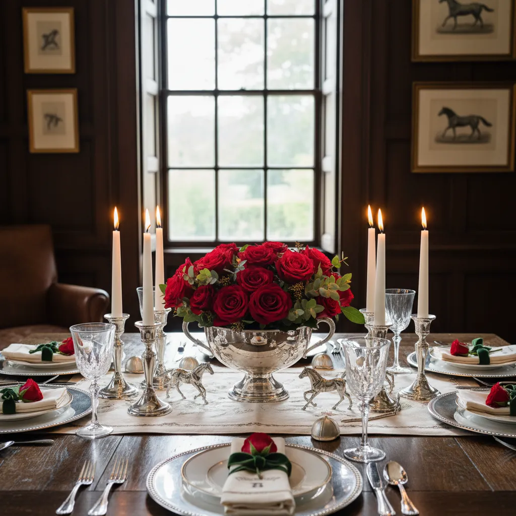 Low red rose floral centerpiece in a silver bowl surrounded by taper candles