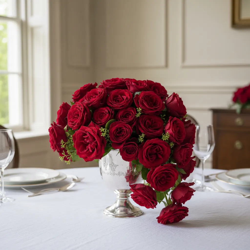 Lush red rose centerpiece in a silver vase on a dining table for a Kentucky Derby party