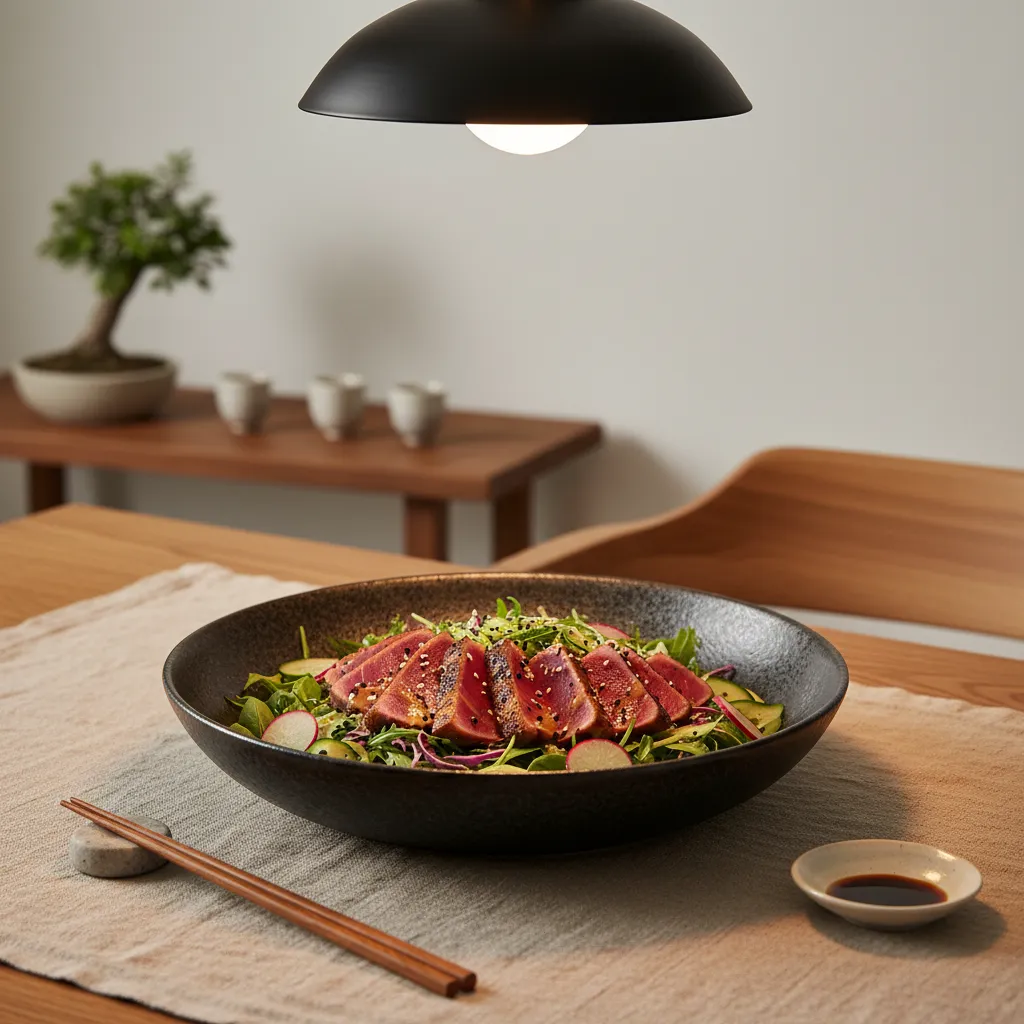 Elegant dark ceramic bowl setting for seared ahi tuna on a linen runner