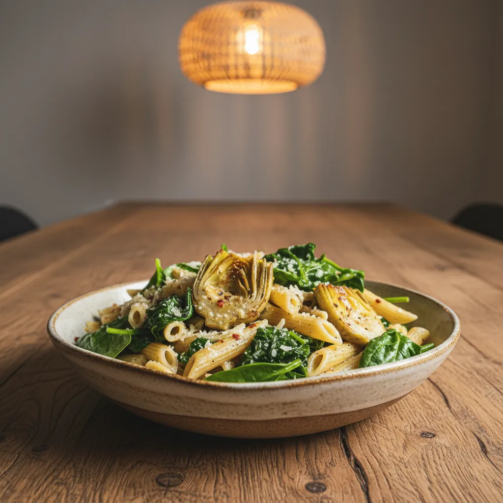 Rustic ceramic bowl of artichoke and spinach penne on a wooden table