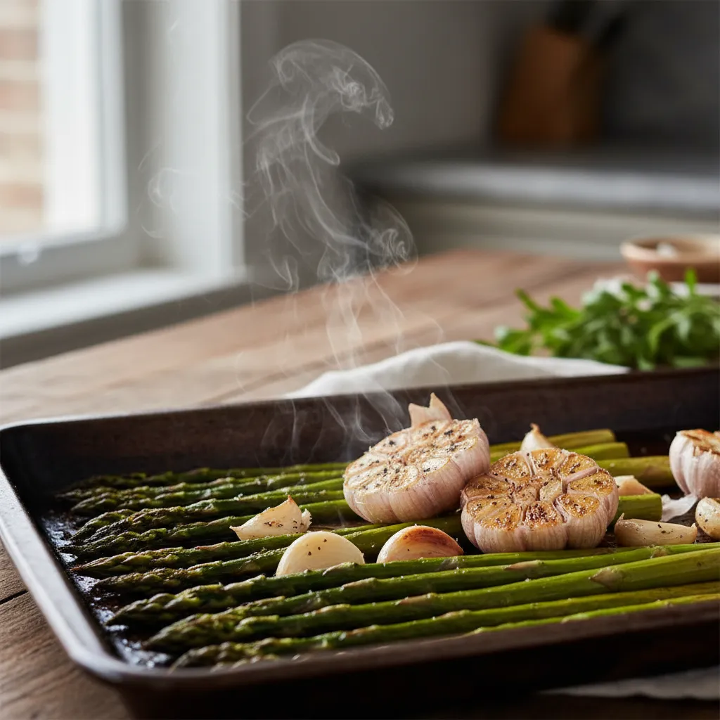 Charred asparagus spears and golden roasted garlic cloves ready for blending