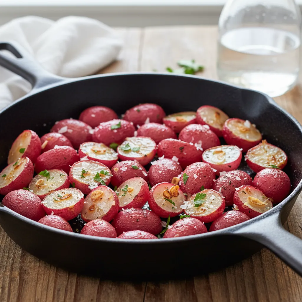 Roasted radishes with golden edges in a cast iron skillet