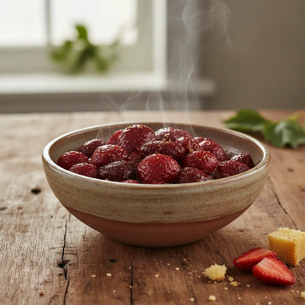 Rustic ceramic bowl holding dark roasted strawberries on a raw wood table