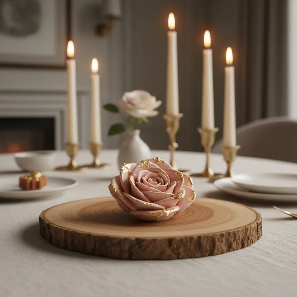 Blush pink rose blossom cookie decorated with edible gold leaf on a wooden charger plate