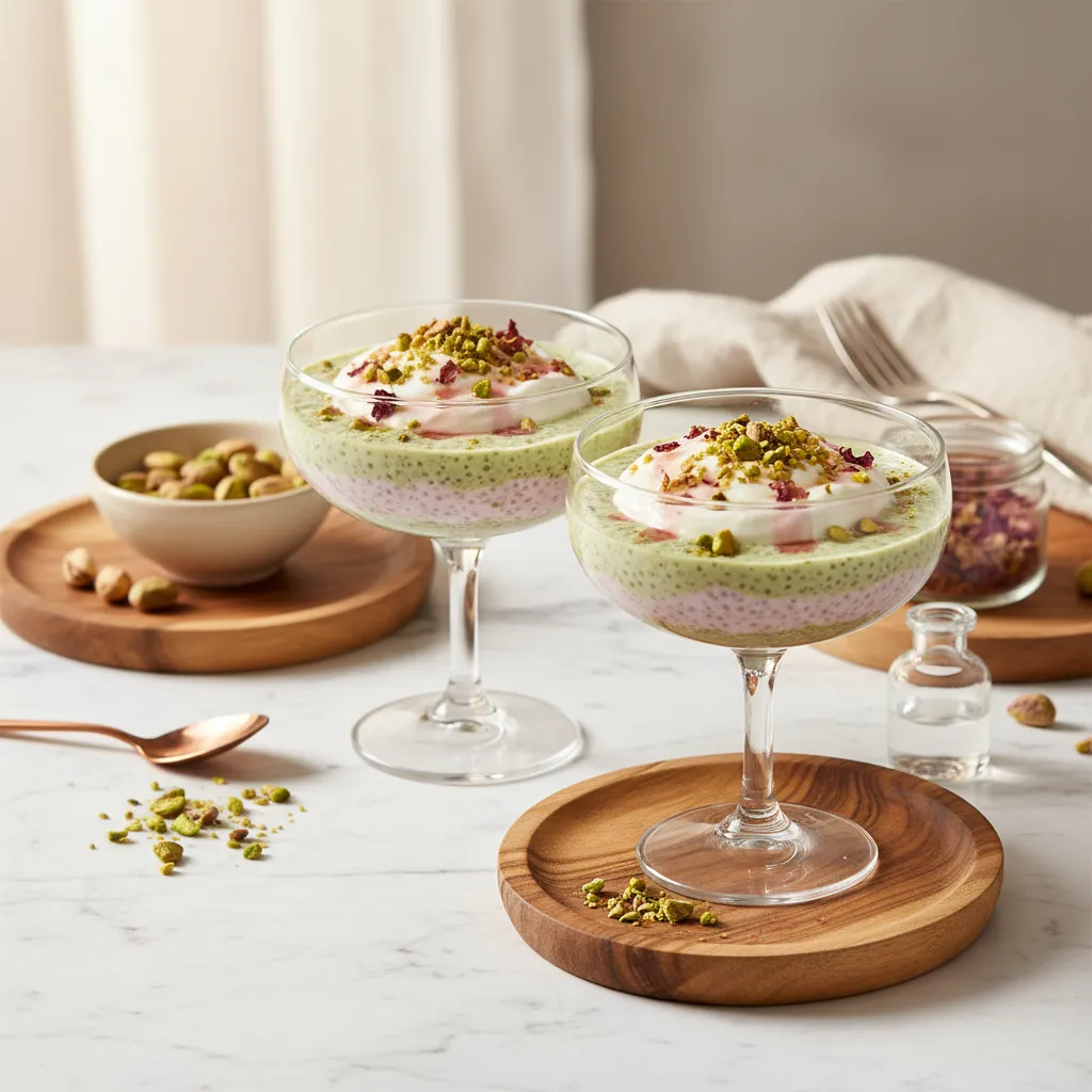 Elegant rose water and pistachio chia yogurt pudding served in a glass bowl
